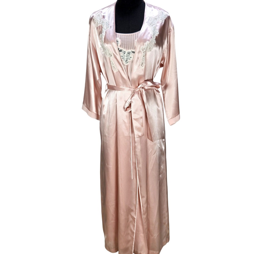 Women's Oscar de la Renta Pink Label S 2pc Satin Lace Robe Nightgown Set Blush